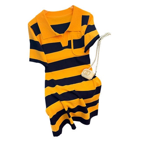 Đầm polo Dệt Kim Tay Ngắn Họa Tiết Kẻ Sọc Màu Sắc Tương Phản Thời Trang Mùa Hè Cho Nữ