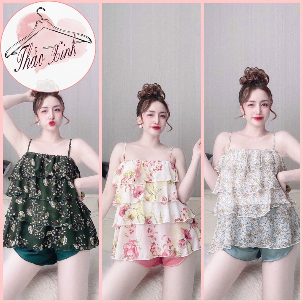 👉👉 Sét đồ bộ 2 dây hoa nhí tầng voan 👉👉phối lụa satin dễ thương đồ bộ 2 dây cao cấp