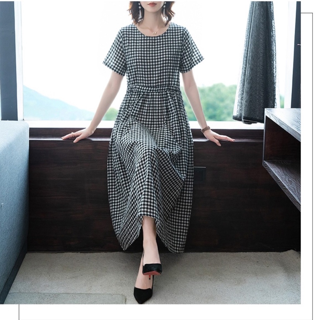 {Ảnh thật} Đầm công sở form rộng chất thô đũi kẻ caro nhẹ mát size đến 75kg, váy kẻ caro dáng xòe Da159