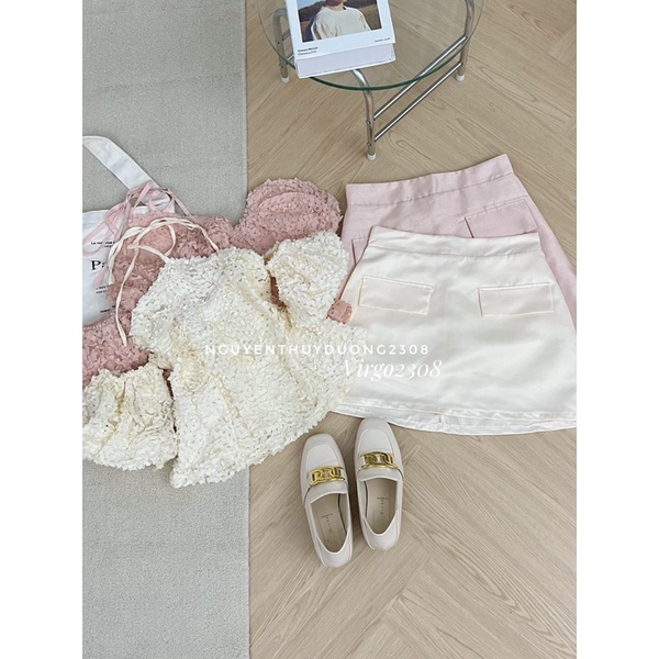 Set áo ren hoa cổ yếm mix chân váy tacta “DONNA” tiểu thư