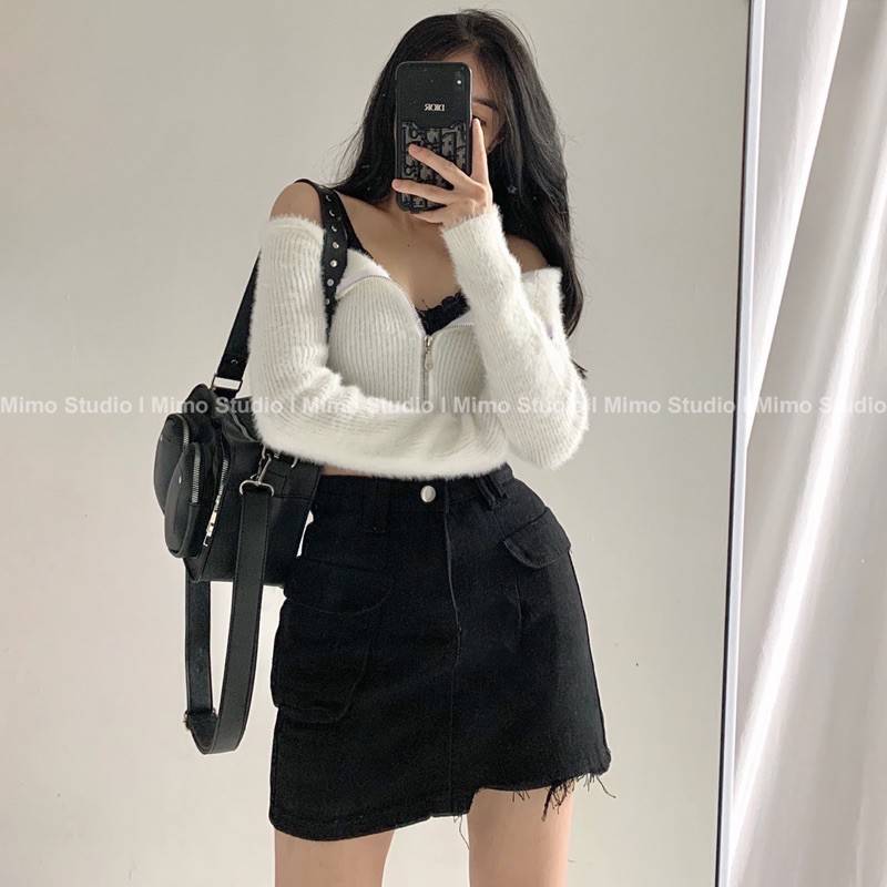 ÁO LEN TRỄ VAI- VÁY JEAN ĐEN