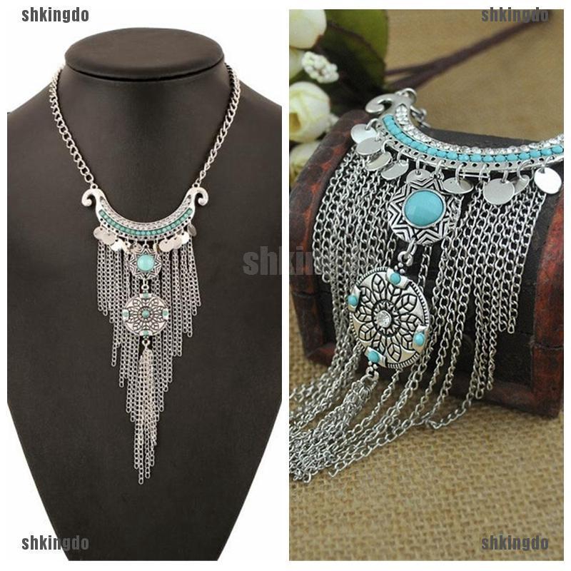 Dây chuyền đính ngọc lam phối tua rua phong cách Bohemian