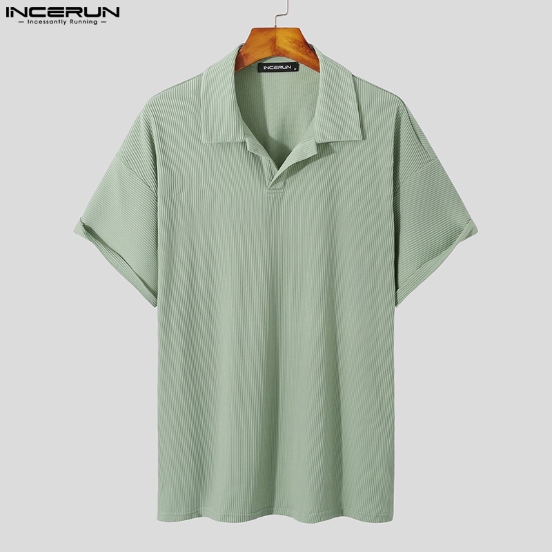Áo thun polo INCERUN ngắn tay màu trơn họa tiết kẻ sọc thời trang mùa hè cho nam