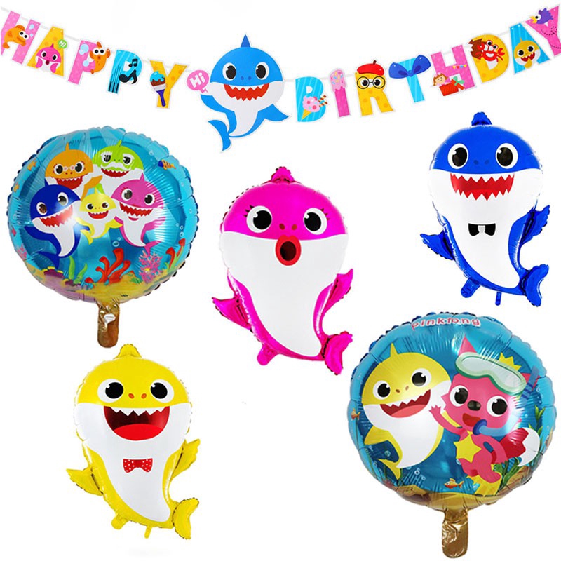 Set bong bóng lá nhôm in hình cá mập phong cách hoạt hình trang trí sinh nhật