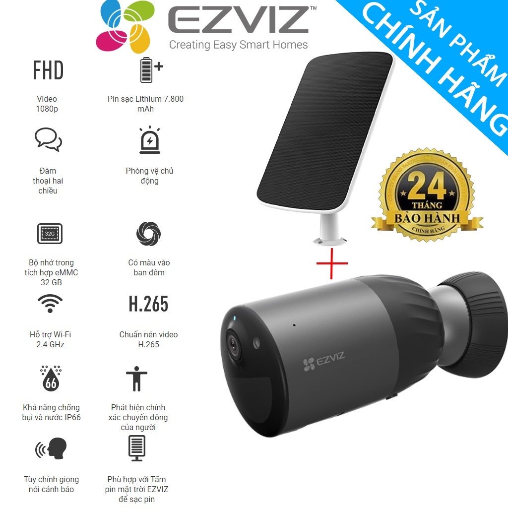 Camera IP ngoài trời Dùng Pin EZVIZ CS-BC1C kèm pin mặt trời CS-CMT-Solar- BH 24 tháng