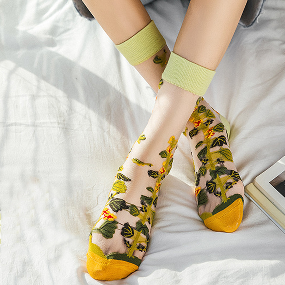 Tất lưới sợi lụa thủy tinh thêu họa tiết hoa phong cách mùa xuân