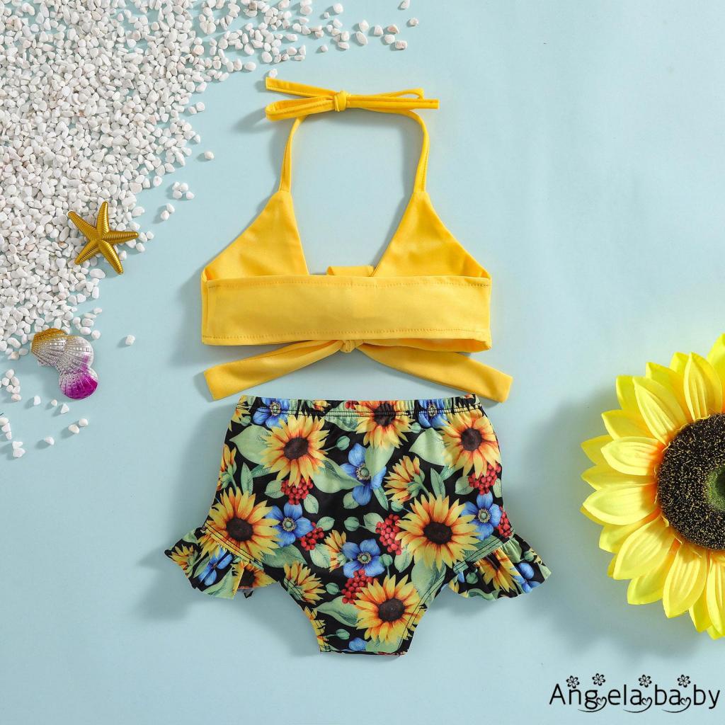 Set Đồ Tắm Xinh Xắn Dành Cho Bé Gái Bikini hai dây bơi cho bé + Quần đùi, Quần áo mùa hè thắt nơ họa tiết hoa hướng dương