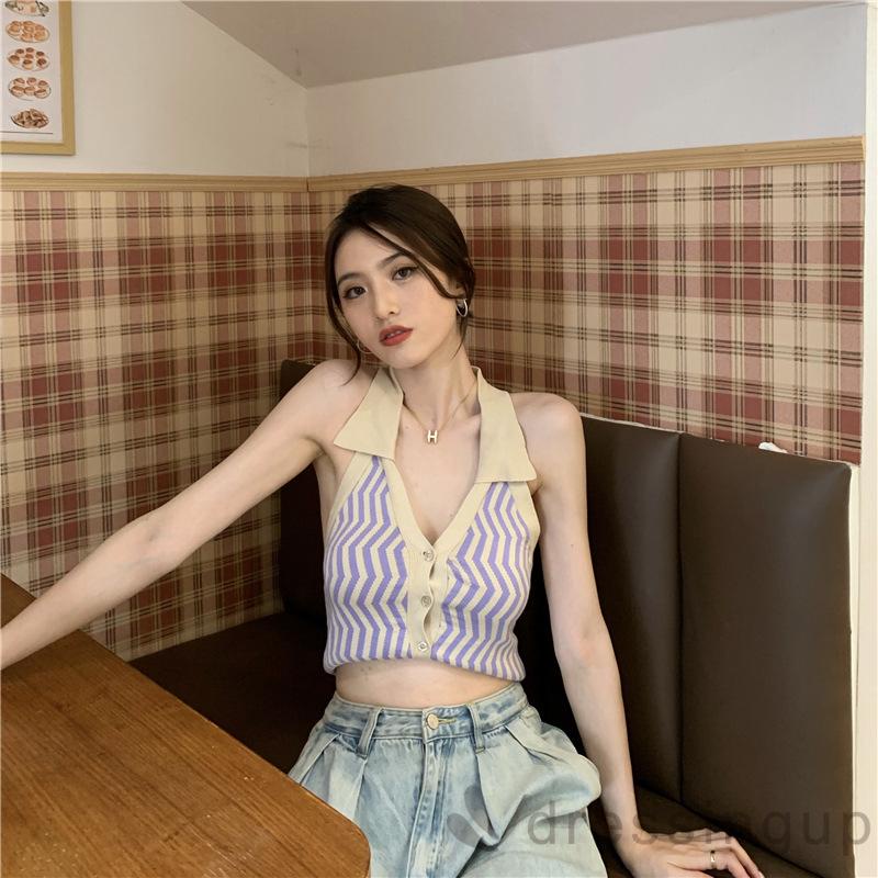 Áo Croptop Không Tay Cài Nút In Họa Tiết Kẻ Sọc Gợn Sóng Cho Nữ