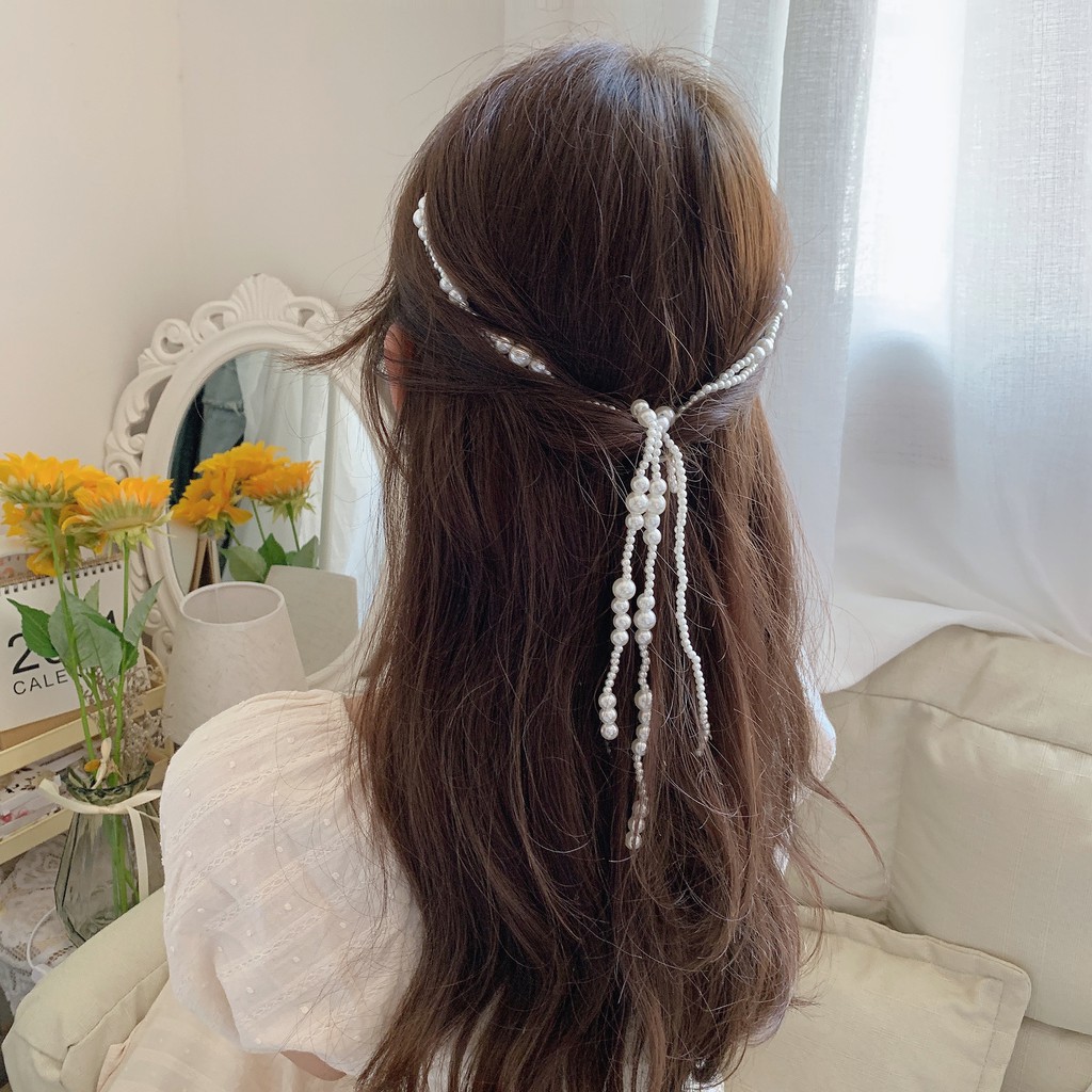 Kẹp tóc phối dây tua rua đính ngọc trai dùng trang trí tóc thắt bím xinh xắn
