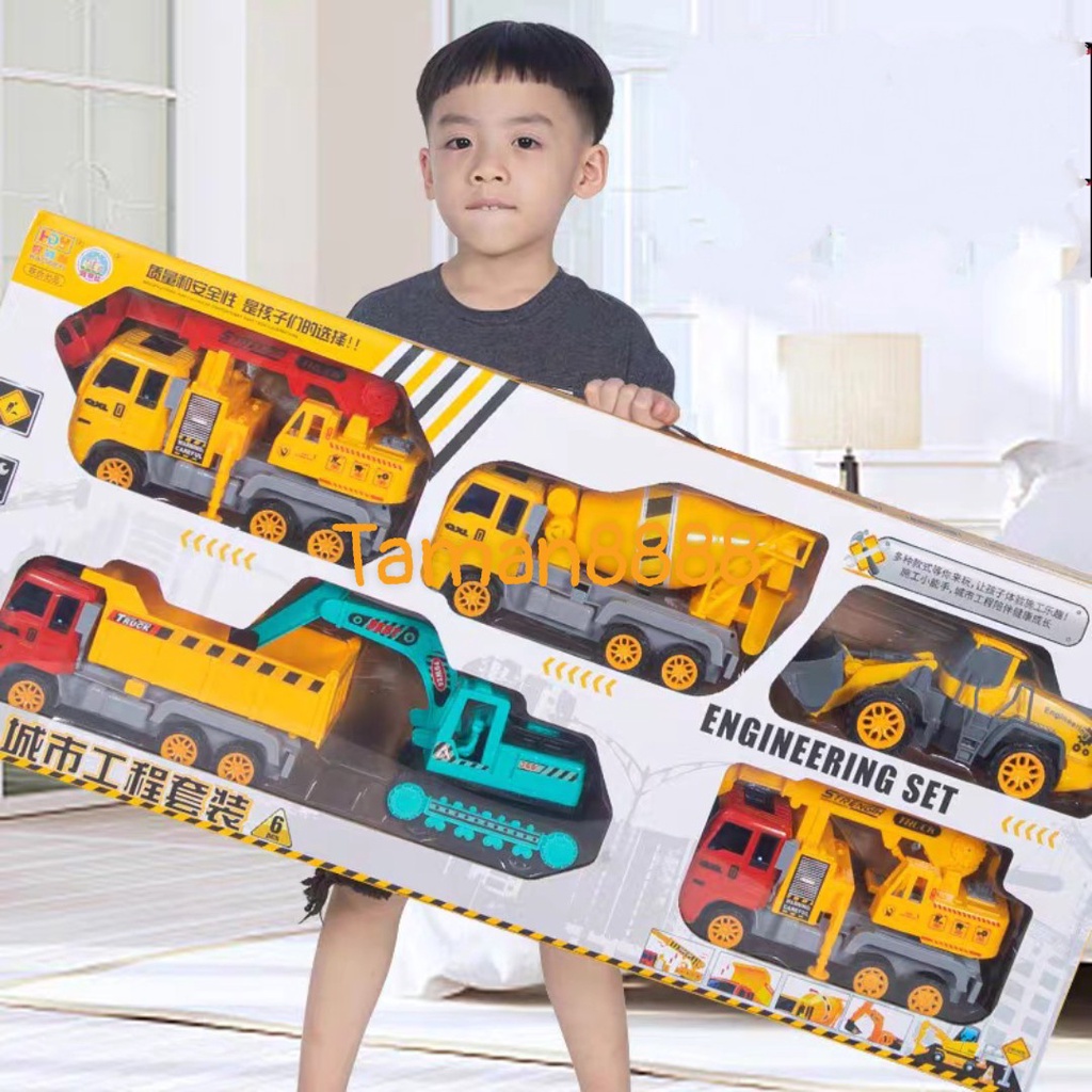Đồ Chơi Xe Công Trình Set 6 Xe Cỡ Lớn Mô Phỏng Các Loại Xe Như Máy Ủi, Cần Cẩu, Máy Múc, Xe Nâng Hàng
