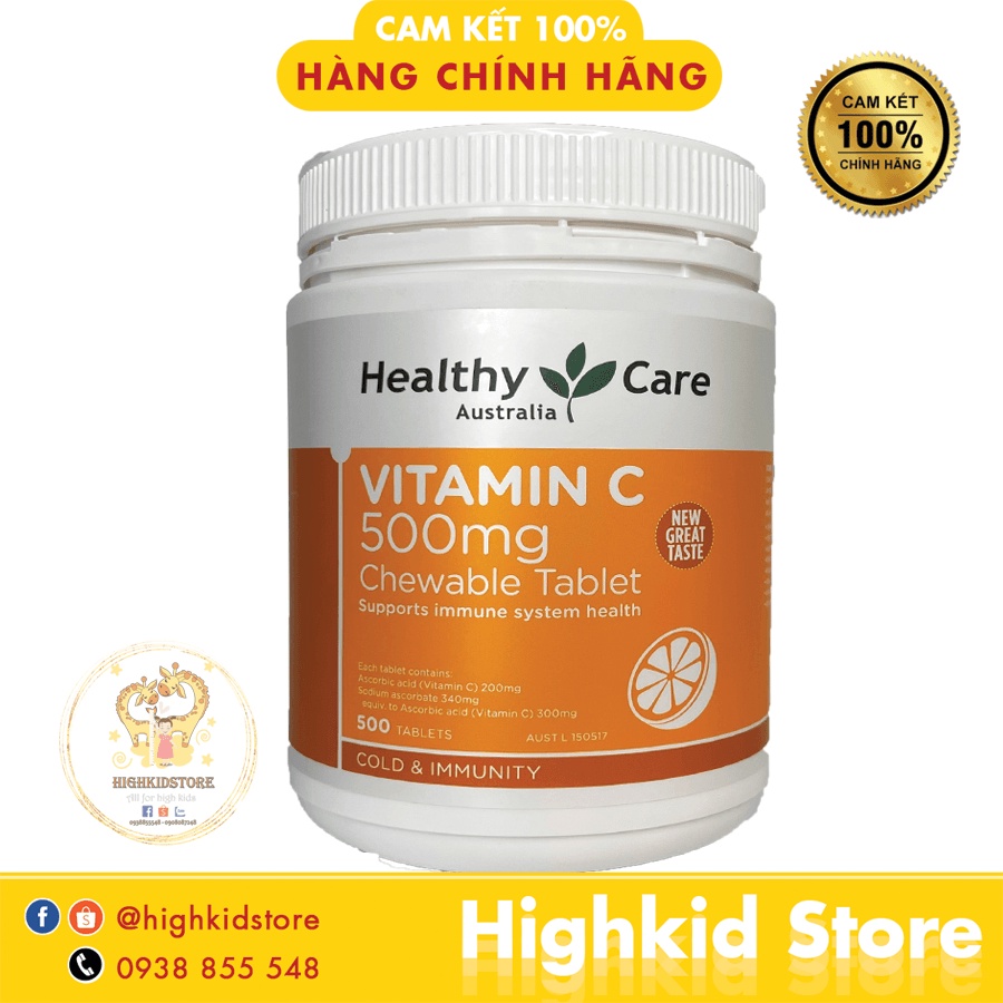 (Mẫu mới) Healthy Care Vitamin C Viên Nhai Ngậm 500mg 500 viên Úc