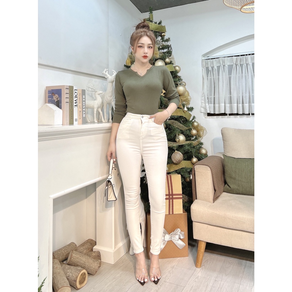 Quần jeans dài ống ôm nữ CRAZYTEEN lưng cao thanh lịch K0059