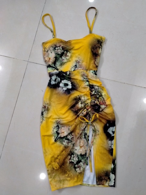 Đầm body 2 dây thun dẻo in 3D hoạ tiết hoa rút dây có mút ngực cực sexy kèm hình thật