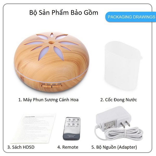 Máy xông tinh dầu phun sương cao cấp vân gỗ hình quả bí có điều khiển từ xa 500ml có đèn led - Tặng tinh dầu