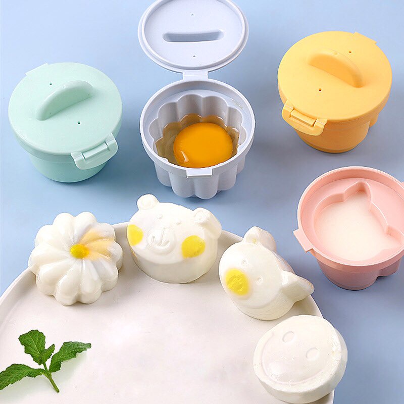 Set Khuôn Hấp Trứng Kèm Chổi Quét Dầu, Bộ 4 Khuôn Nhựa Chịu Nhiệt Làm Bánh Ăn Dặm Cho Bé