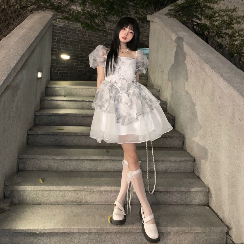 Váy babydoll tay phông Đầm Ngắn Tay Phồng Cột Dây Phong Cách Mới Dành Cho Nữ