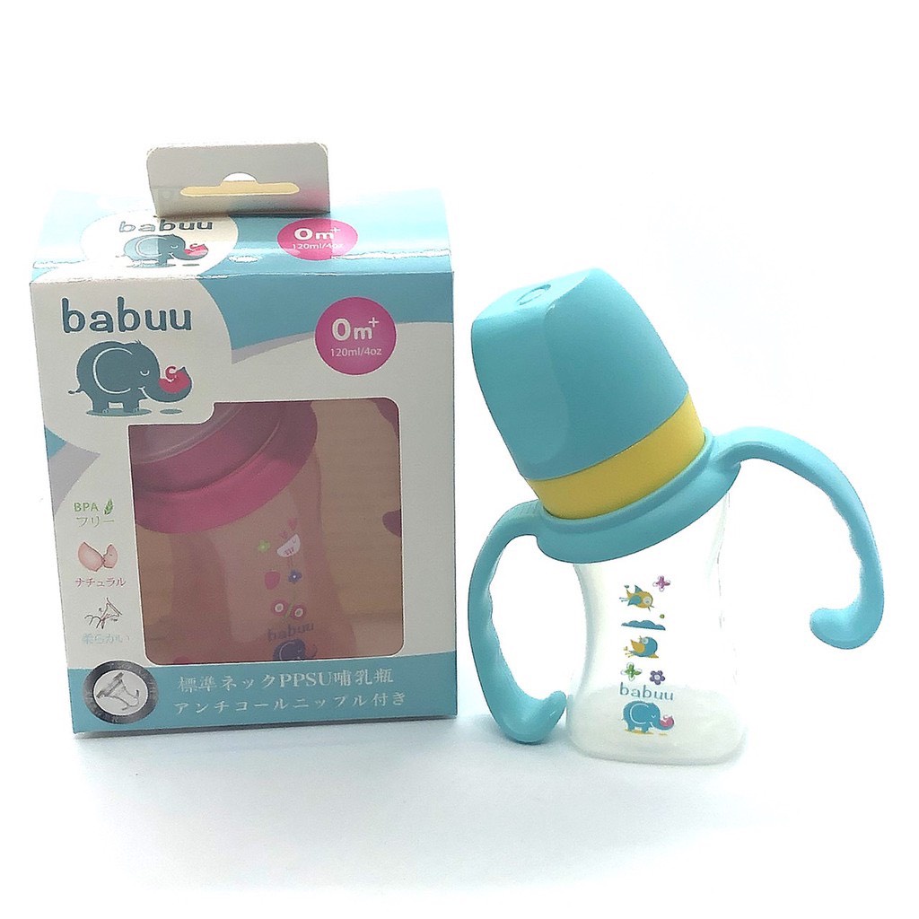 Bình sữa cho bé sơ sinh 90ml  cổ nghiêng Babuu Nhật bản  ( tặng kèm 1 tay cầm)