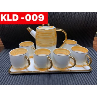BỘ ẤM CHÉN PHA TRÀ CÀ PHÊ KÈM KHAY, BỘ CỐC CHÉN PHA TRÀ CAFE KÈM KHAY VÂN CAM VIỀN VÀNG KLD-009