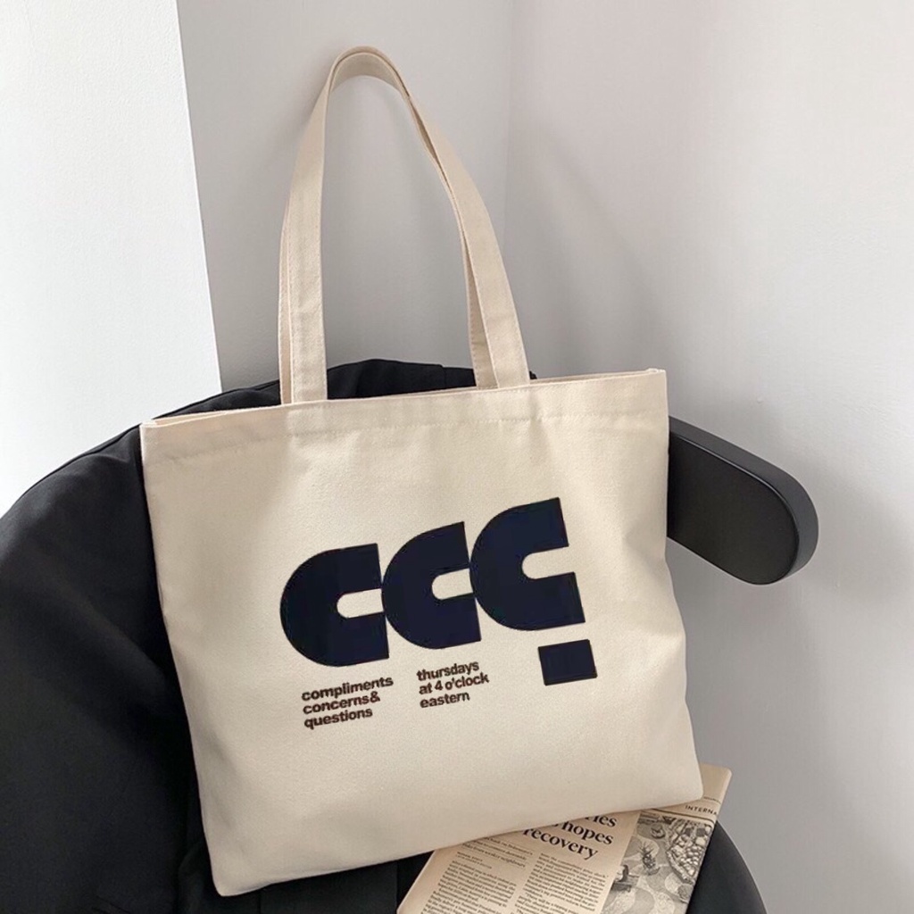 Túi tote Hazin vải canvas ulzzang unisex in chữ CCC có khoá miệng ngăn phụ nhỏ HZ58