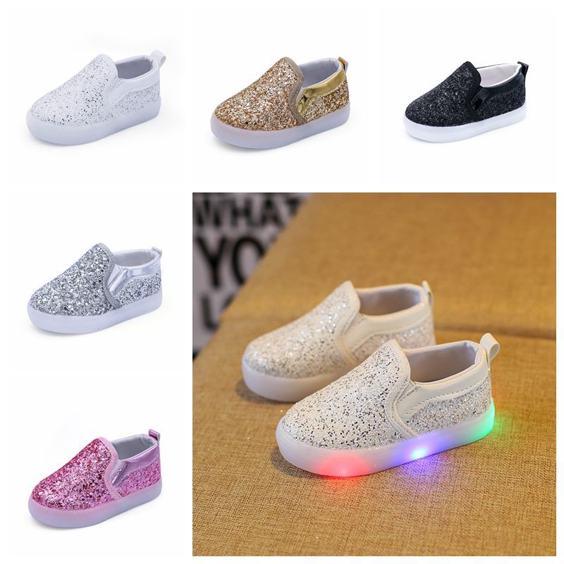 Boy White Led Shoes Fashion Bling Bling Flat Rubber Shoes Kids Baby Girl Gold Sequin Shoe Size 21-30