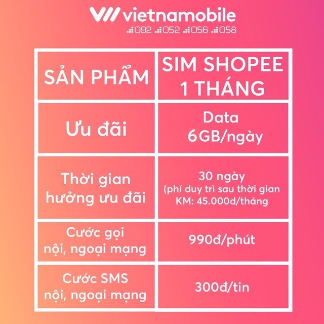 Sim 4G Vietnamobile Shopee Data 180Gb (6Gb/Ngày - Thánh Úp &amp; Trọn Đời) - Gọi Miễn Phí - Sim Không Giới Hạn Data