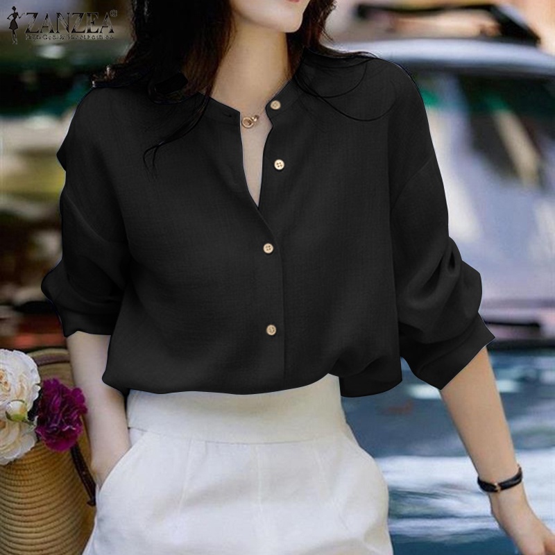 ZANZEA Áo Thun Tay Dài Cổ Tròn Màu Trơn Cài Nút Đơn Giản Thời Trang Đường Phố Cho Nữ