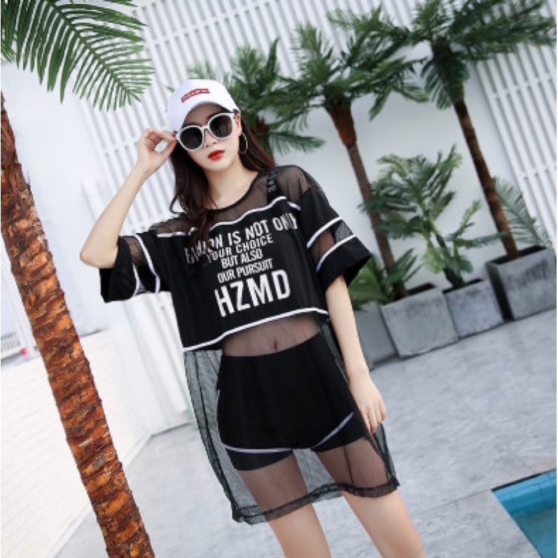Y hình - Set 3 món bikini, đồ bơi nữ đồ tập nữ kiểu dáng Hàn Quốc kèm áo lưới mặc ngoài, phù hợp học sinh, sinh viên