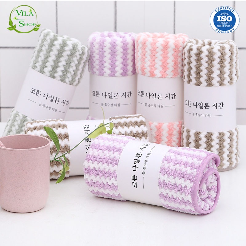 Khăn Mặt Cotton Lông Cừu Hàn Quốc Mềm Mịn Siêu Thấm Nước Kẻ Sọc , Khăn Lau Tay Đa Năng Kích Thước 30 x 50cm