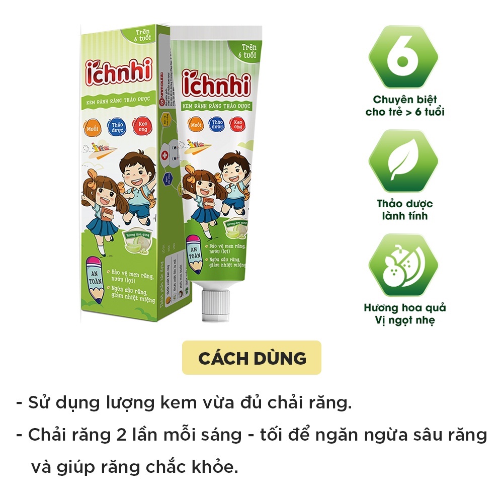 Kem đánh răng thảo dược Ích Nhi hương dưa gang tuýp 75g cho bé trên 6 tuổi nuốt được bảo vệ răng sữa, ngừa sâ