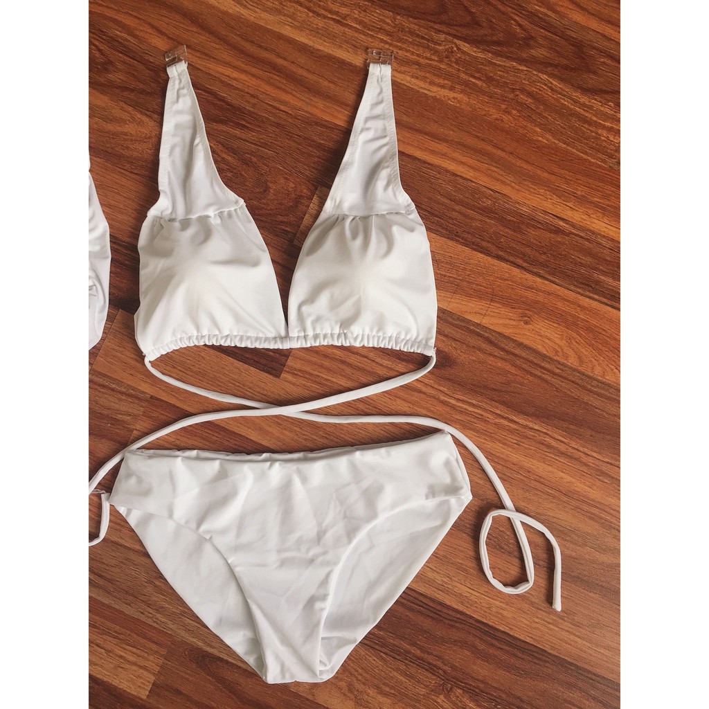 Bikini, Đồ Bơi Đi Biển Hai Mảnh Set 3 Món Quây Trắng Rút Dây Bên Hông Secxy ODERI BM-115