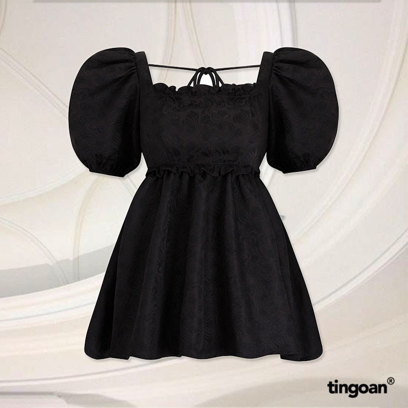 TINGOAN® - Áo babydoll vải gấm cổ vuông buộc nơ lưng đen I’M BLUSHING TOP/BL