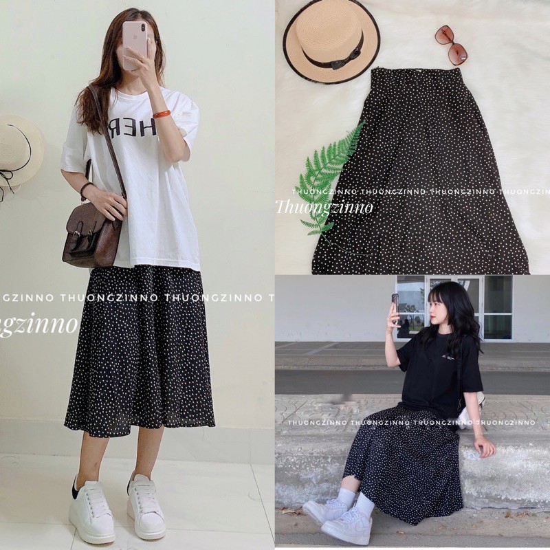 [Ảnh thật/Video] [Ảnh thật/Video]Chân váy chấm bi maxi chữ A lưng cao hoạ tiết chấm bi phong cách cổ điển
