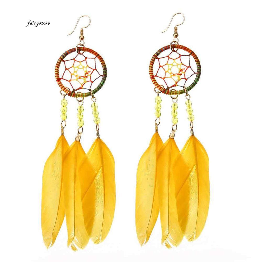 Bông tai lông vũ hình dreamcatcher thời trang Bohemian