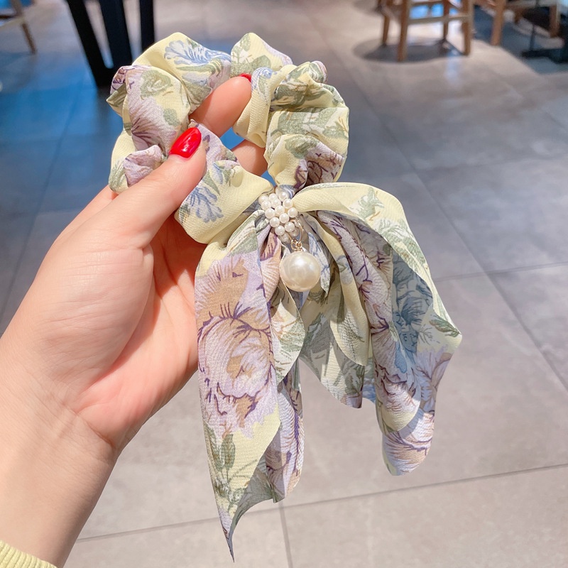 Dây buộc tóc thắt nơ ruy băng đính hạt ngọc trai nhân tạo phong cách Hàn Quốc thời trang dành cho nữ