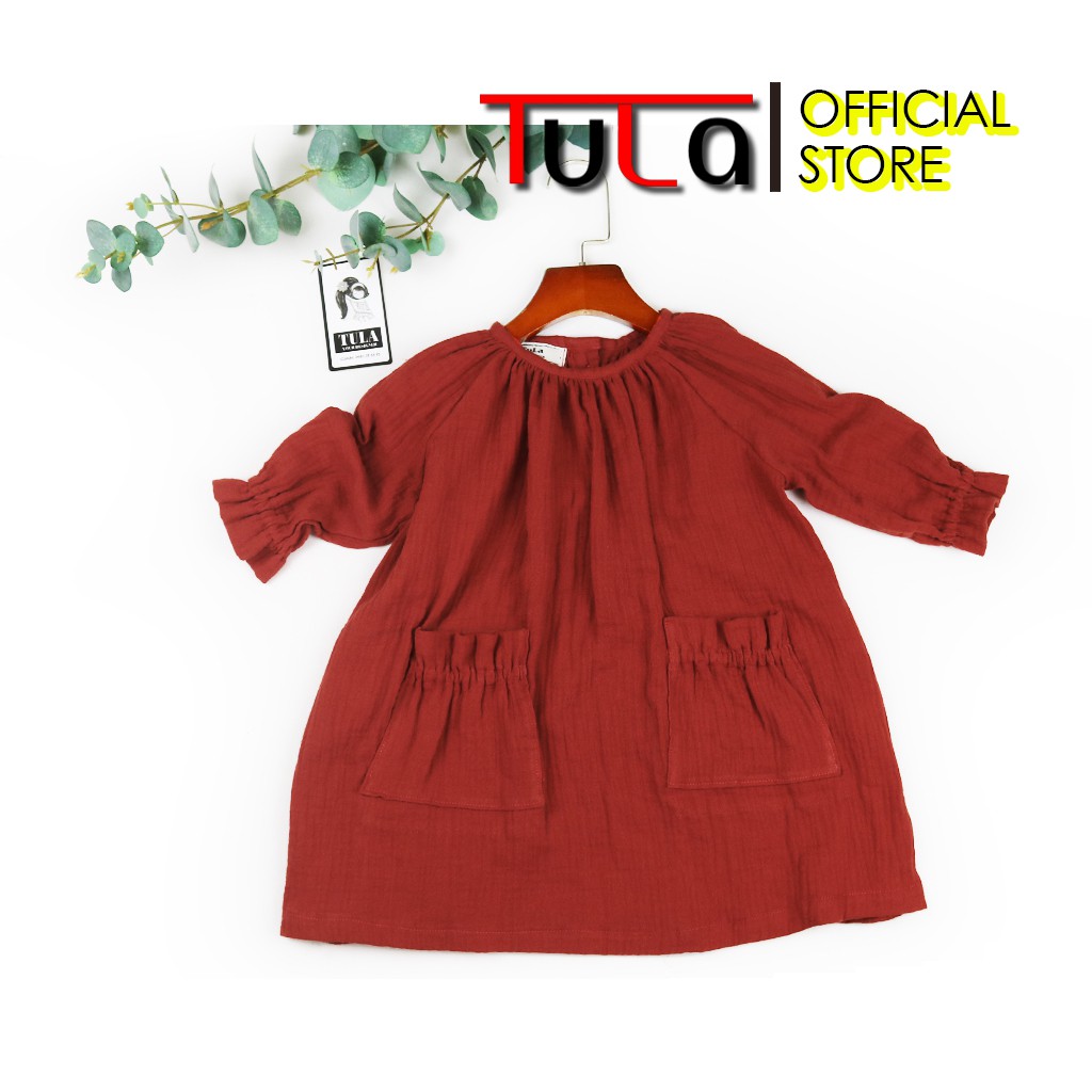 Váy Đầm Bé Gái Vải Xô Muslin Màu Đỏ Cam Dáng Rộng Siêu Mềm Mịn