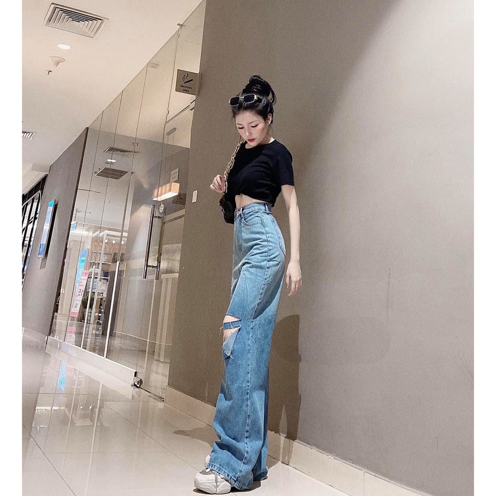 [ CẤP TIẾN TD3179 ] QUẦN JEAN ỐNG RỘNG NỮ LƯNG CAO LOANG MÀU RÁCH NGANG VẠT SỌC NGANG CAO CẤP UTI-TD3179