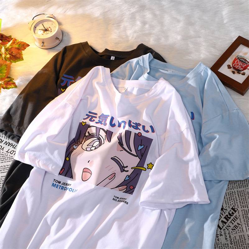 Áo Thun Tay Ngắn Cổ Tròn In Họa Tiết Anime Phong Cách Retro Nhật Bản Cho Nữ