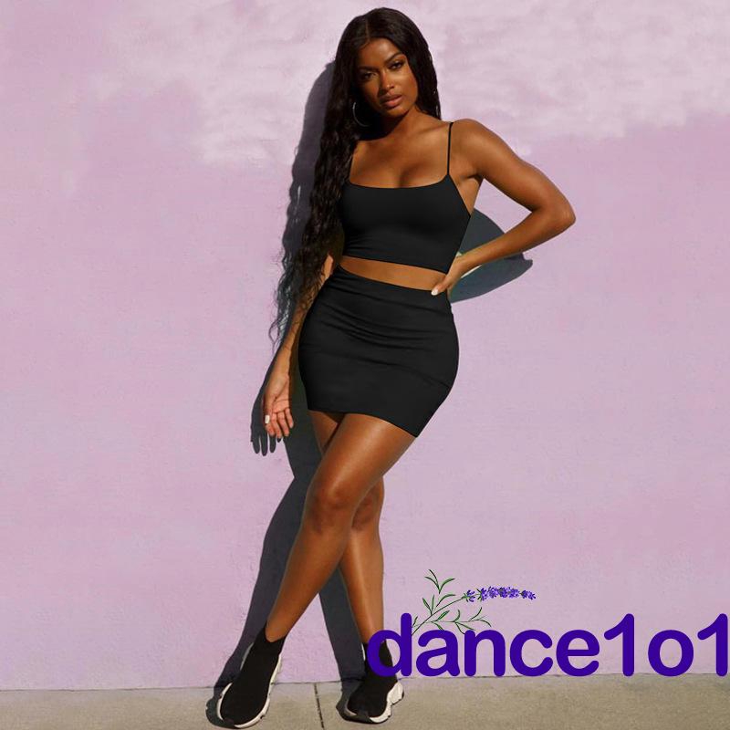 Set áo crop top + chân váy màu trơn thiết kế ôm sát tôn dáng