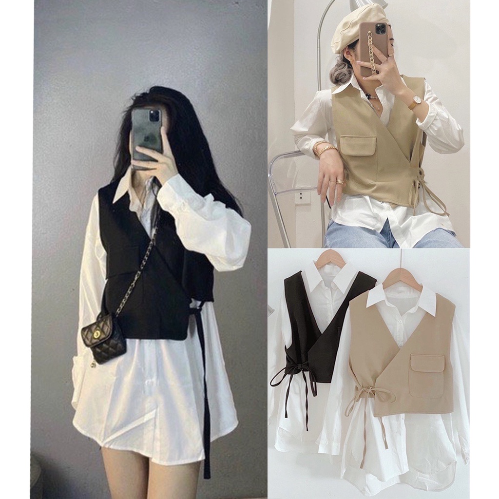 Áo sơ mi trắng cổ đức kèm yếm gile thắt chéo túi nắp Ulzzang  - Ảnh thật + Video thật