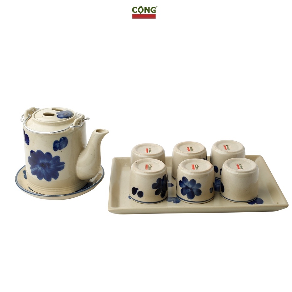 Mã INCU20 giảm 20K đơn 150K Bộ ấm trà gốm sứ hai màu hoa và xanh trơn-