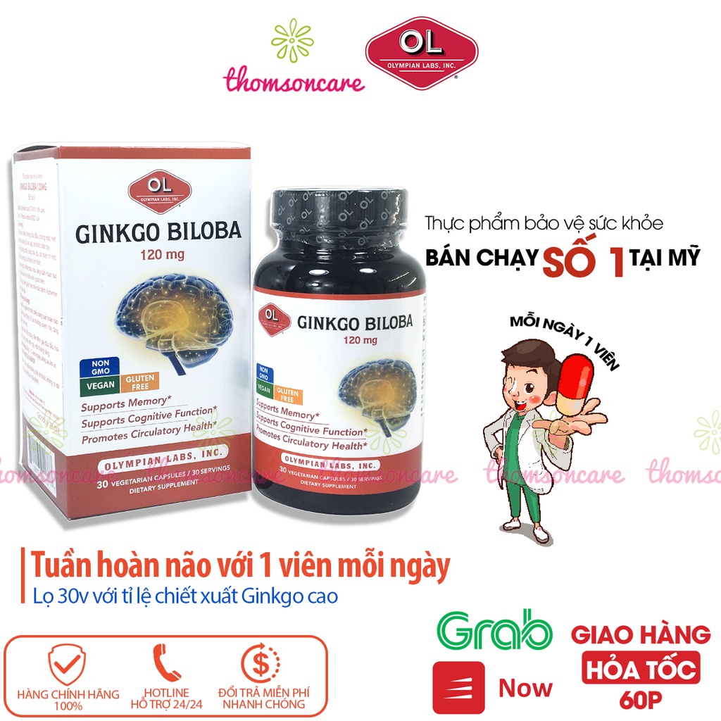 Bổ não Ginkgo Biloba 120mg của Olympian Labs nhập khẩu từ Mỹ, tăng trí nhớ, hoạt huyết tuần hoàn não Hộp 30 viên
