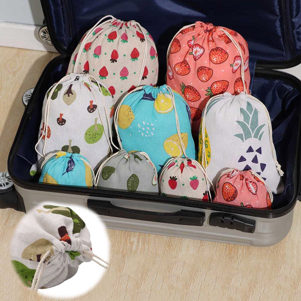 Túi dây rút bằng vải lanh cotton chống bụi in họa tiết trái cây dùng đựng đồ trang điểm