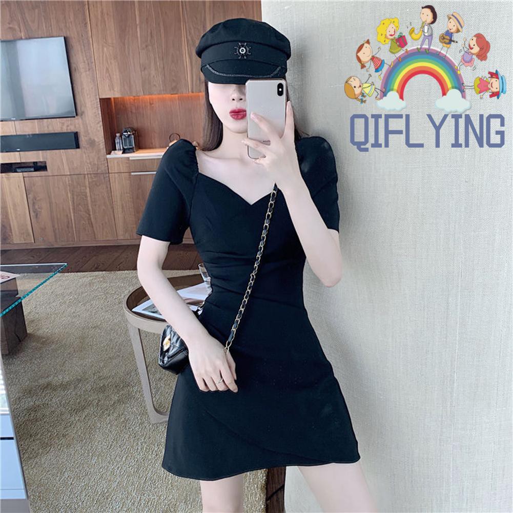 Đầm Nữ Tay Ngắn Màu Trơn Kiểu Dáng Thanh Lịch