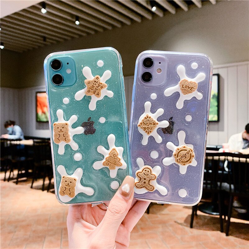 Cute 3D Stereo Milk Cookie Phone Case For OPPO A52/A92 A55 A59 A73/A79/F5 A11/A5 2020 A9 2020/A11X F11/A9/A9X A8/A31 F9/F9PRO/A7X A5/A3S/A12E A92S/RENO4Z A91/F15 A93 5G A72 5G/A53 5G A31/A53 2020 RENO5PRO RENO5/RENO5X Capa Soft Glitter Clear Cover Shell
