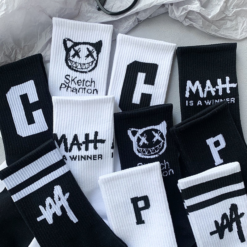 Tất Cổ Cao Cotton Thể Thao Trắng Đen Phối Hình Cực Chất.