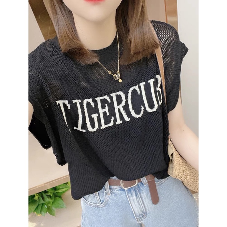 Áo len lưới form rộng tay hến nữ kiểu cổ tròn Tank Top Tigercub dệt kim phong cách Hàn Quốc trẻ trung