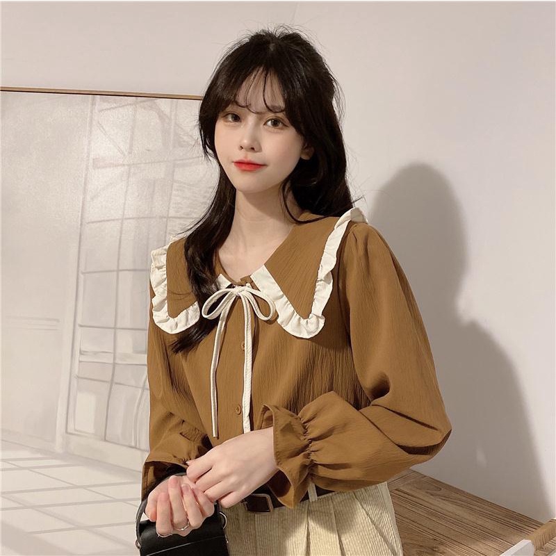 Áo sơ mi tay dài cổ búp bê phong cách retro thời trang Pháp