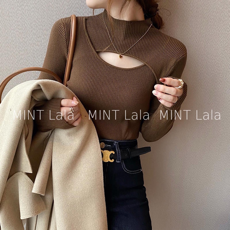 Áo Len Tăm Nữ Tay Dài Kiểu Khoét Cổ Hàn Quốc Mới