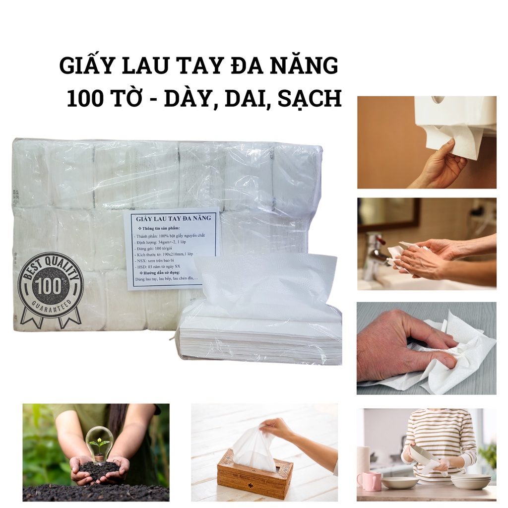 Cây (24 gói) Khăn giấy rút lau đa năng 100 tờ/ gói, lau tay, lau bếp, thấm dầu - giấy dày, mềm, dai, thấm hút tốt