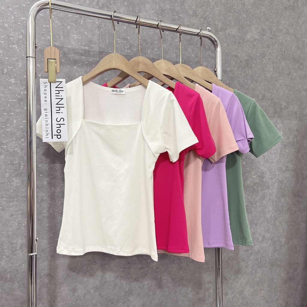 Áo thun kiểu cổ vuông ngắn tay dáng ôm, Áo kiểu tay cộc cổ U vải cotton co giãn CS1269 - NhiNhi Shop